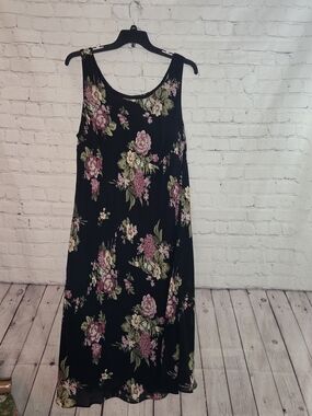 Sleeveless Black Floral Maxi Dress with Pink Blooms Grunge 90s 2x